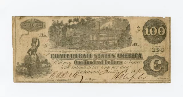 1862 T-39 $100 The Confederate States of America Note - CIVIL WAR Era w/ TRAIN