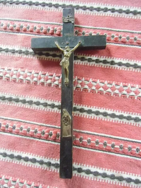 Antikes schwarzes Holzkreuz zum Hängen Kruzifix Jesus Maria aus Messing