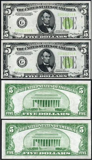$5 1934 (2 Consecutive)GEM UNC *LIGHT GREEN SEAL* CHICAGO Federal Reserve Notes!
