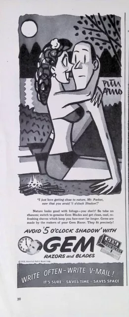 Vintage Print Ad 1940's Gem Razors Peter Arno Art Moonlt Couple Buxom Bikini
