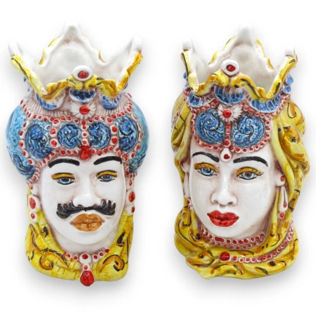 Coppia Teste di moro in ceramica Caltagirone - h 13 / 14 cm ca. con corona e tur