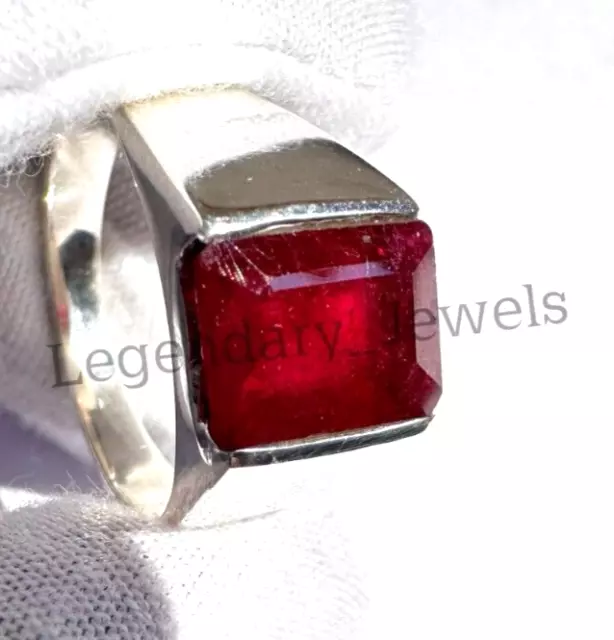 Natural Ruby Emerald Cut Gemstone Ring for Men's 925 Sterling Silver Men Jewelry