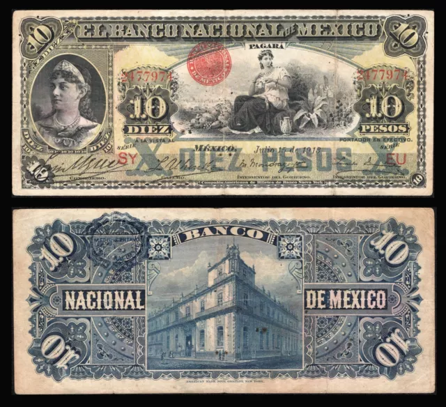 Mexico, 10 Pesos El Banco Nacional de Mexico , M299e. 7-15-1913. #2477974. VF.