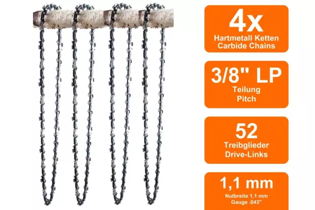 4 Hartmetall Sägeketten passend für Makita DUC353 | 35cm 3/8LP 52TG 1,1mm