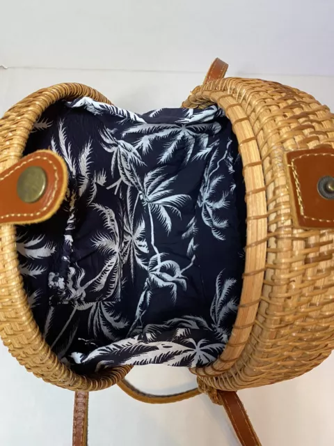 Round Rattan Straw Bag Wicker Purse Boho Bag for Women Cross Body Blue Lining