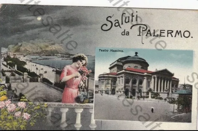 Rm Cartolina Saluti Da Palermo 1917 Viaggiata Teatro Massimo Monte Pellegrino