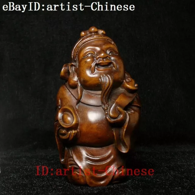 3.2"Old Chinese boxwood hand carved god of wealth Buddha statue table decoration