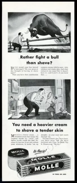 1946 Charles Addams bull art Molle shaving cream vintage print ad