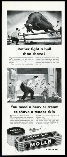 1946 Charles Addams bull art Molle shaving cream vintage print ad