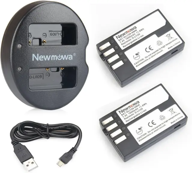 Newmowa D-Li109 Replacement Battery 2-Pack & Dual USB Charger - Pentax K-R