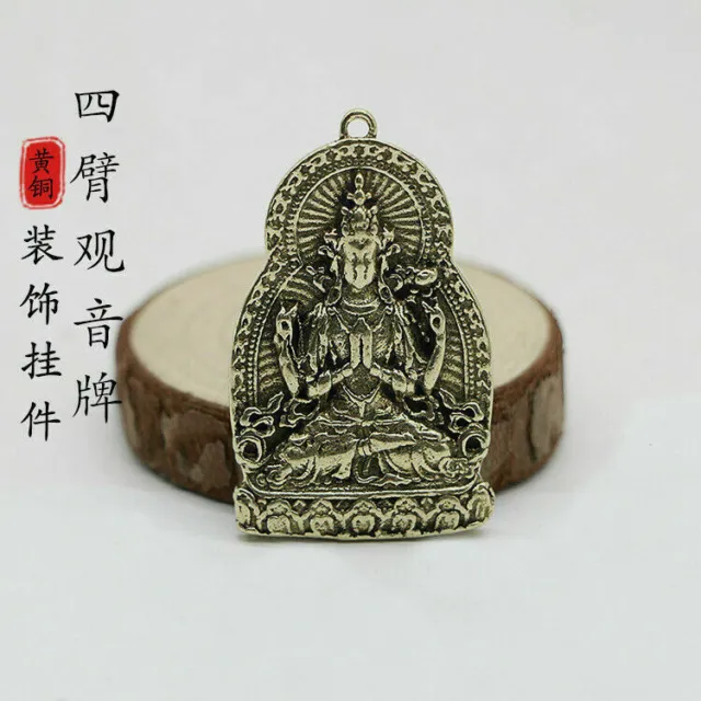 1Pc Vintage Brass Peace Amulet Handmade Four-Armed Guanyin Buddha Statue Pendant