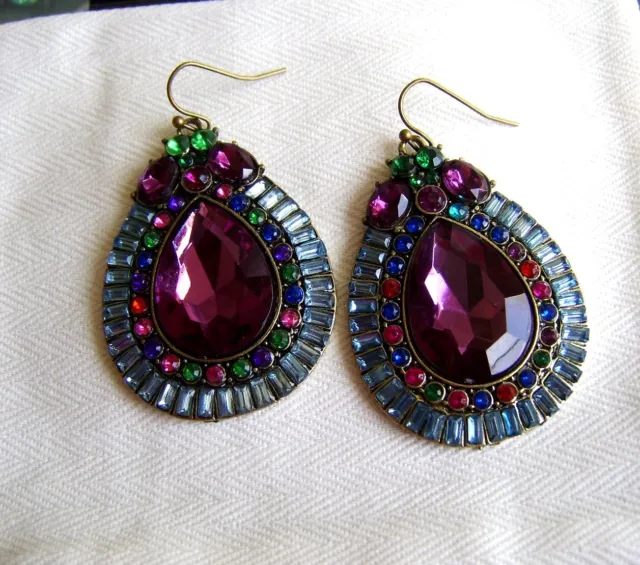 Betsey Johnson Purple Crystal Teardrop Dangle Hook Earrings Green Blue New 2"