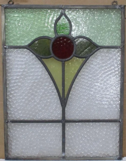 OLD ENGLISH LEADED STAINED GLASS WINDOW Unframed w Hooks Floral 12.5" x 16.5"