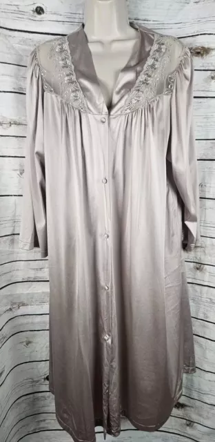 Vanity Fair Vintage Robe XL Taupe Button Front Lace Nylon Made in USA