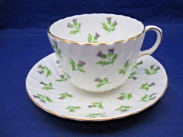 Vintage Aynlsey Tea Cup & Saucer - Embossed Swirl W Sm Purple Flowers & Leaves