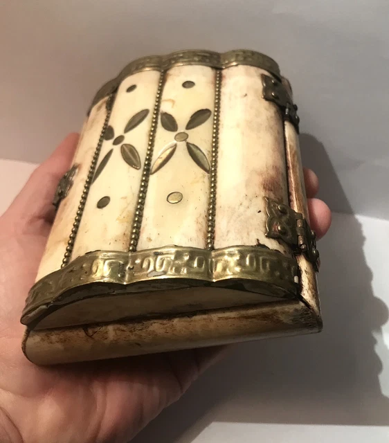 Boîte à Bijoux Ancienne En Os Et Laiton Avec Fermoir Chouette - Style 1940-1960