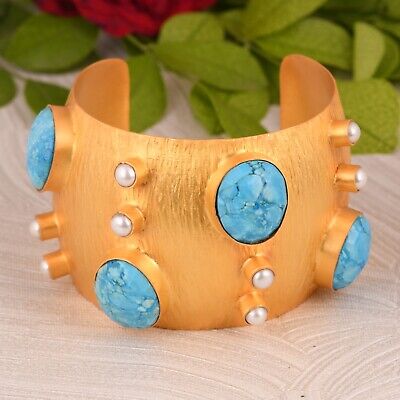 Multi Stone Brass Bangles Gold Plated Sizable Turquoise & Pearl Gemstone Cuff