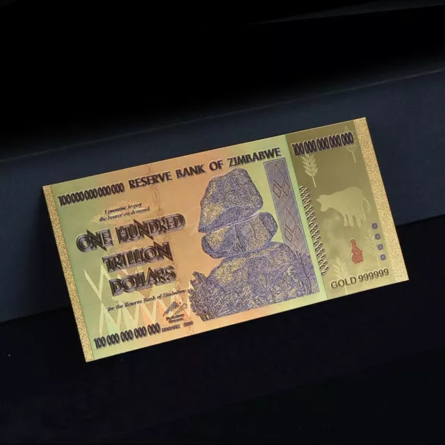 Zimbabwe 100 Trillion Dollars Banknote Gold Plated Pure 24K Gold Coloured Zimbabwe 100 Trillion Dollars Banknote Gold Plated Pure 24K Gold Coloured