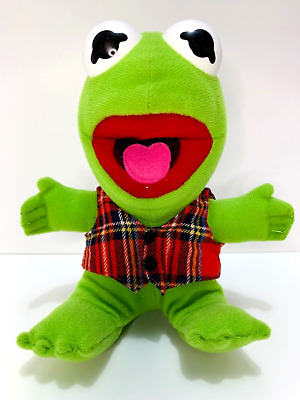 Vintage Baby Kermit Frog 1987 JIM HENSON Plush Muppets w/ Plaid Shirt 8''