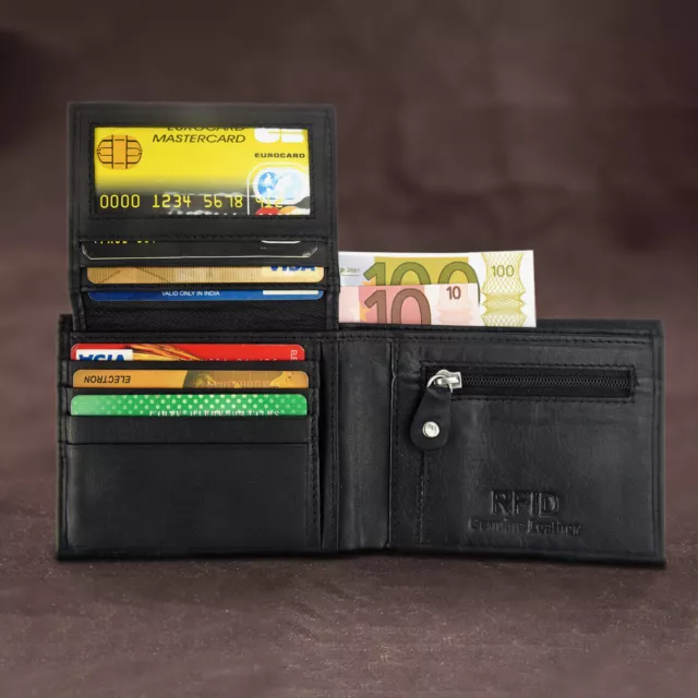 RFID Blocking Mens Leather Wallet Credit ID Card Holder Coin Pocket with Zipper 3