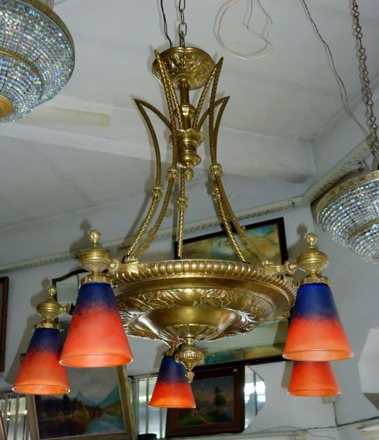 Nice French 1920 Bronze And Shades Tulip Signed Schneider France Chandelier