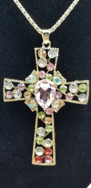 Beautiful XL Betsey Johnson Cross Necklace With Pastel Crystal Rhinestone Inlay