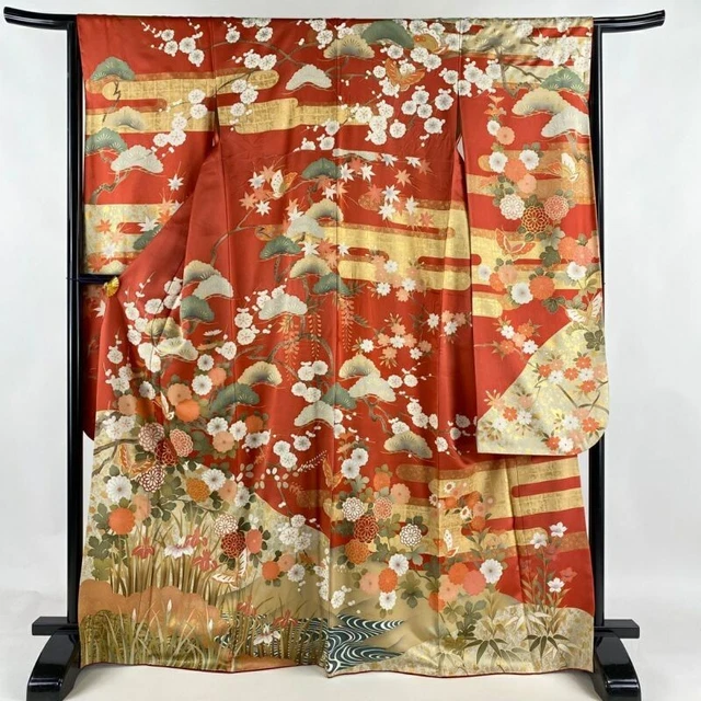 Woman Japanese Kimono Furisode Silk Butterfly Chrysanthemum Gold Vermilion
