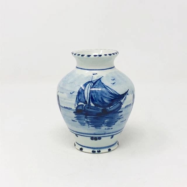 Blue Delft Vase 2840 Hand Painted Sailing Ships Made In Holland 3.75” Vintage