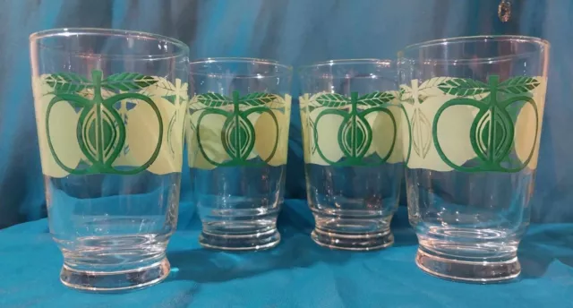 VINTAGE 1970s Glasses Set Of 4 GREEN APPLES Print