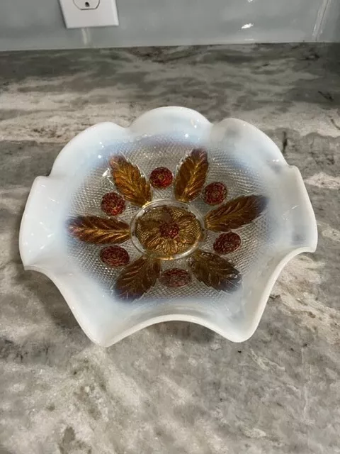 Vintage Northwood Leaf and Flower White Opalescent Wavy Edge Goofus Glass Bowl