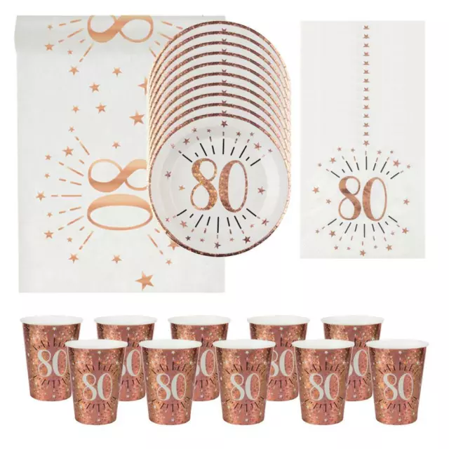 Rose Gold 80th Birthday Partyware | Napkins Plates Cups Table Runner