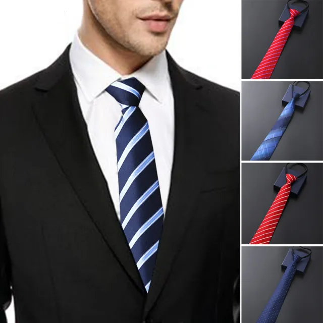 Mens Solid Color Ready Knot Pre Tied Formal Zipper Tie Neck Wear Striped Necktie