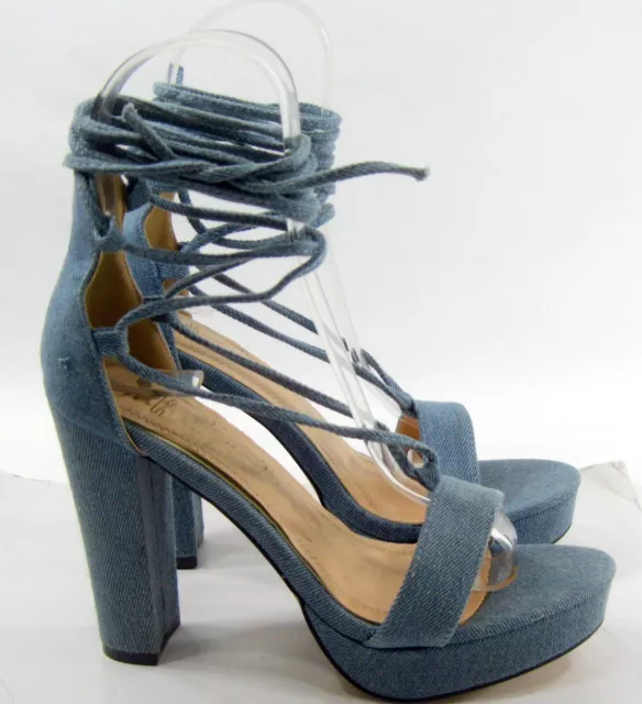 NEW BLUE DENIM  4.5"block Heel lace up around the leg shoes WOMEN Size  7.5