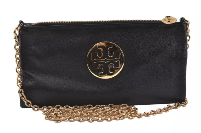 Authentic TORY BURCH Chain Shoulder Cross Body Bag Purse Leather Black 9096I