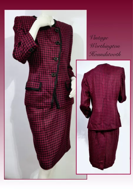 Vintage 80s 90s  Retro Worthington Red Houndstooth Rayon Suit Skirt Blazer M