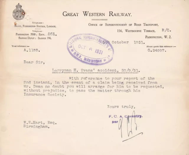 Great Western Railway 1931 Headed Lorryman Accident No Prejustice Letter Rf45064