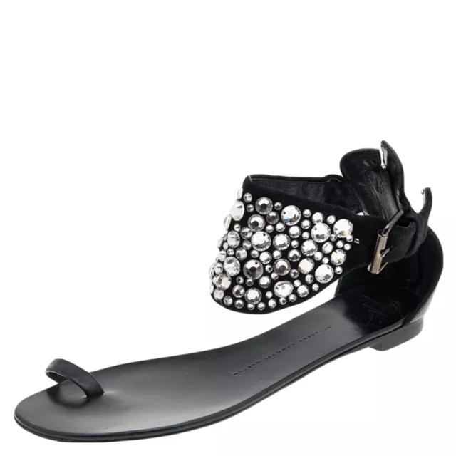 Giuseppe Zanotti Black Satin And Leather Embellished Ankle Wrap Flat Sandals