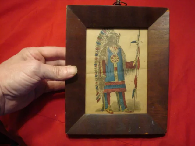 Antique Framed hand colored woodblock print WI JUN JON Chief of Assiniboie Tribe