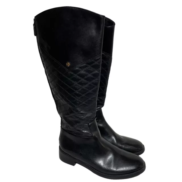 Tory Burch Womens Riding Black Leather Boots Size 10 Diamond Stitch Knee High