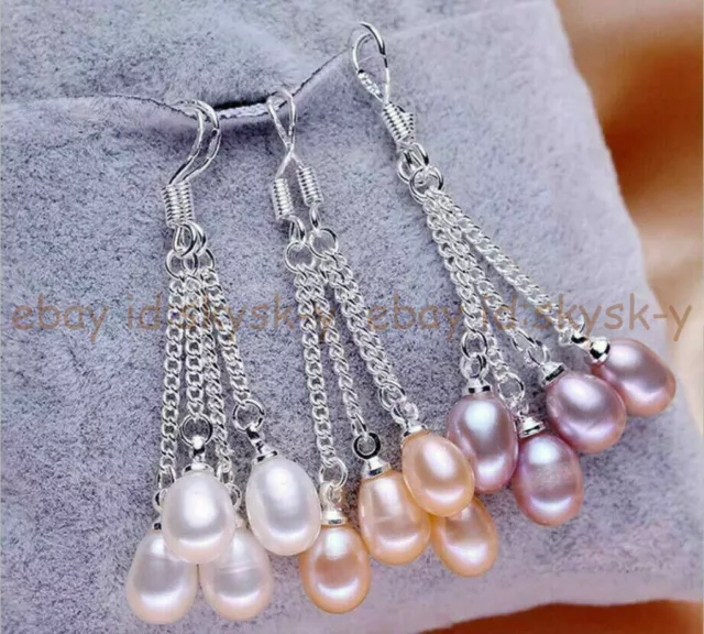 3 Pairs Natural White Pink Purple Freshwater Pearl Dangle Silver Hook Earrings