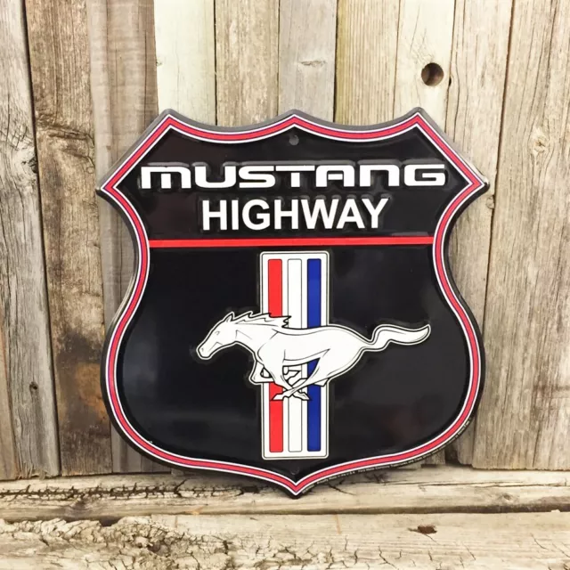 Ford Mustang Highway Pony Logo Shield Metal Tin Sign 11.5" Vintage Garage