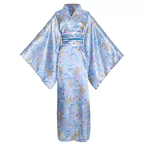 Kimono Costume Floral Print Geisha Yukata Long Robe Japanese One Size C10-blue