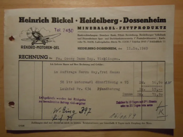 FLUGZEUG Rekord Motorenöl  original RECHNUNG 1949   Bickel Heidelberg