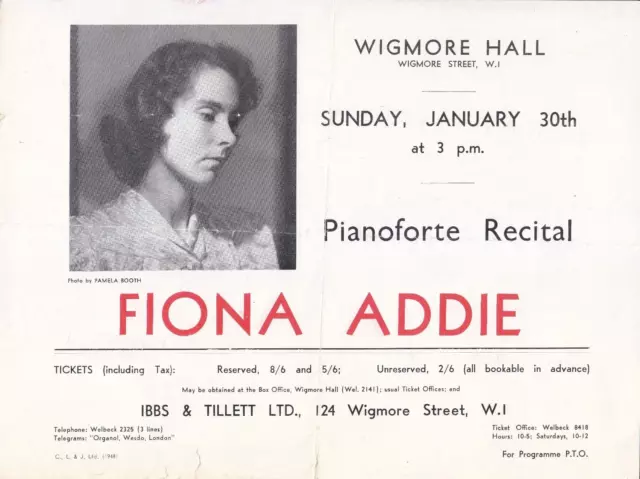 Concert Recital Programme 1948  Wigmore Hall Fiona Addie piano