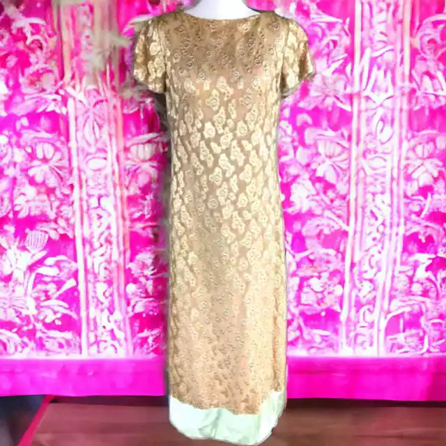 Vintage Malcolm Starr Gold Floral Lace Green Satin Formal Gown MCM Dress Medium
