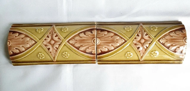 Pair of Convex Victorian Majolica tiles.  Mintons ? C1899. 6 x 3 inch. 2