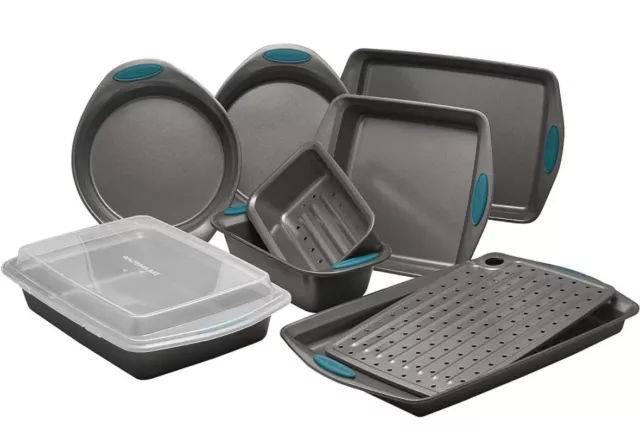 Juego de utensilios para hornear antiadherentes Rachael Ray de 10 piezas con empuñaduras azul marino nuevo en caja