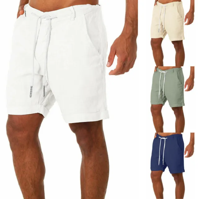 Mens Cotton Linen Shorts Drawstring Waist Summer Baggy Loose Casual Beach Pants