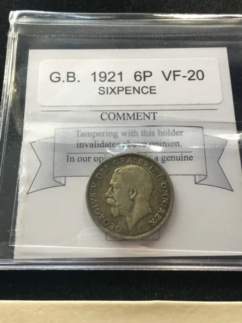 1921  Great Britain, Sixpence, Coin Mart Graded**VF-20** KM# 815a.1
