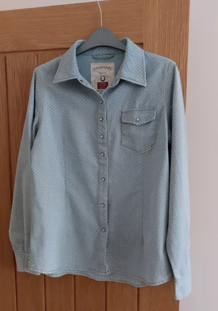 Ladies Shirt,Horseware, Ireland, Size 14 (L)Long Sleeve,Blue,White Pokka Dots,